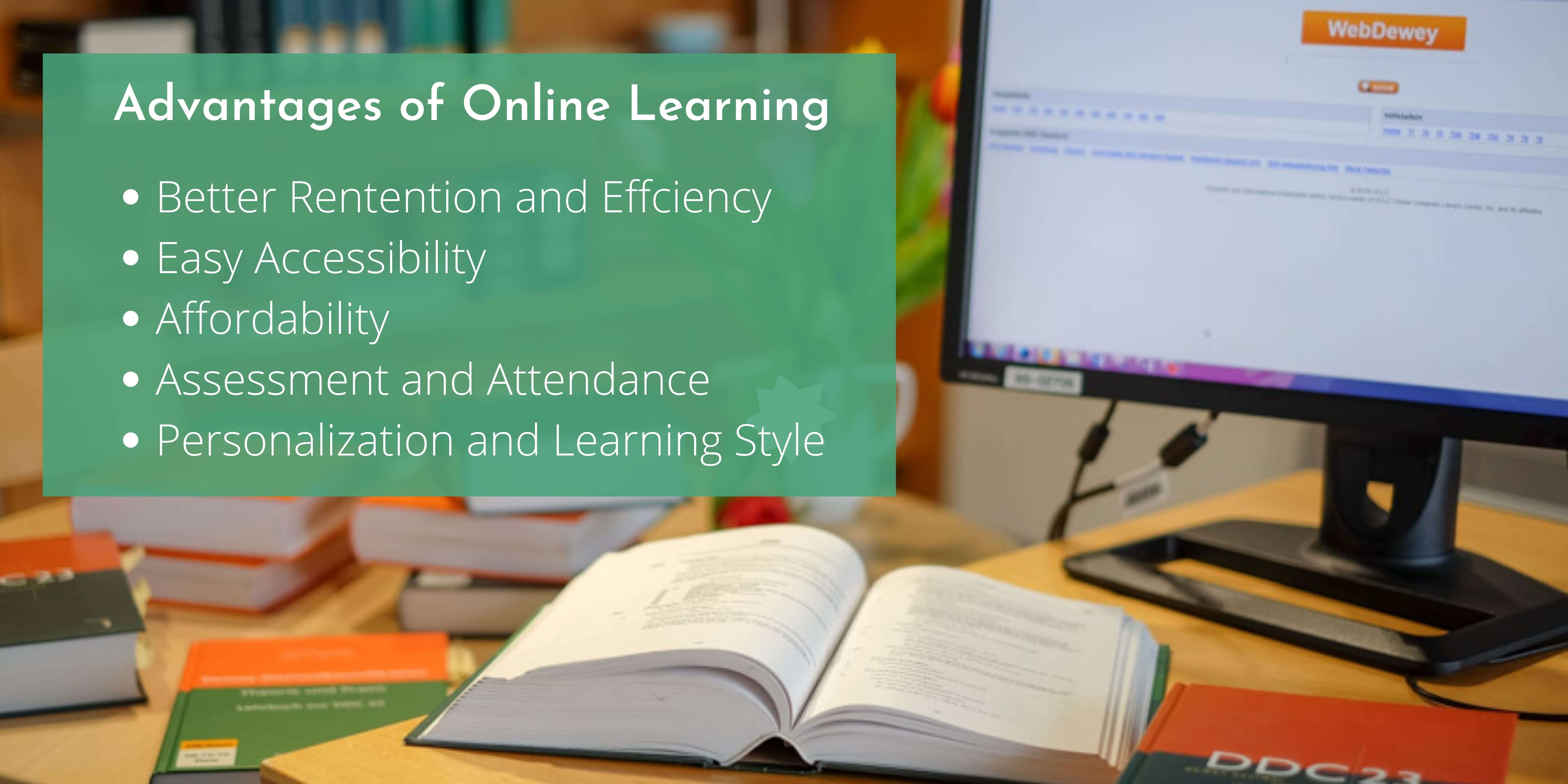 Advantages of Online Learning banner, listing out the points